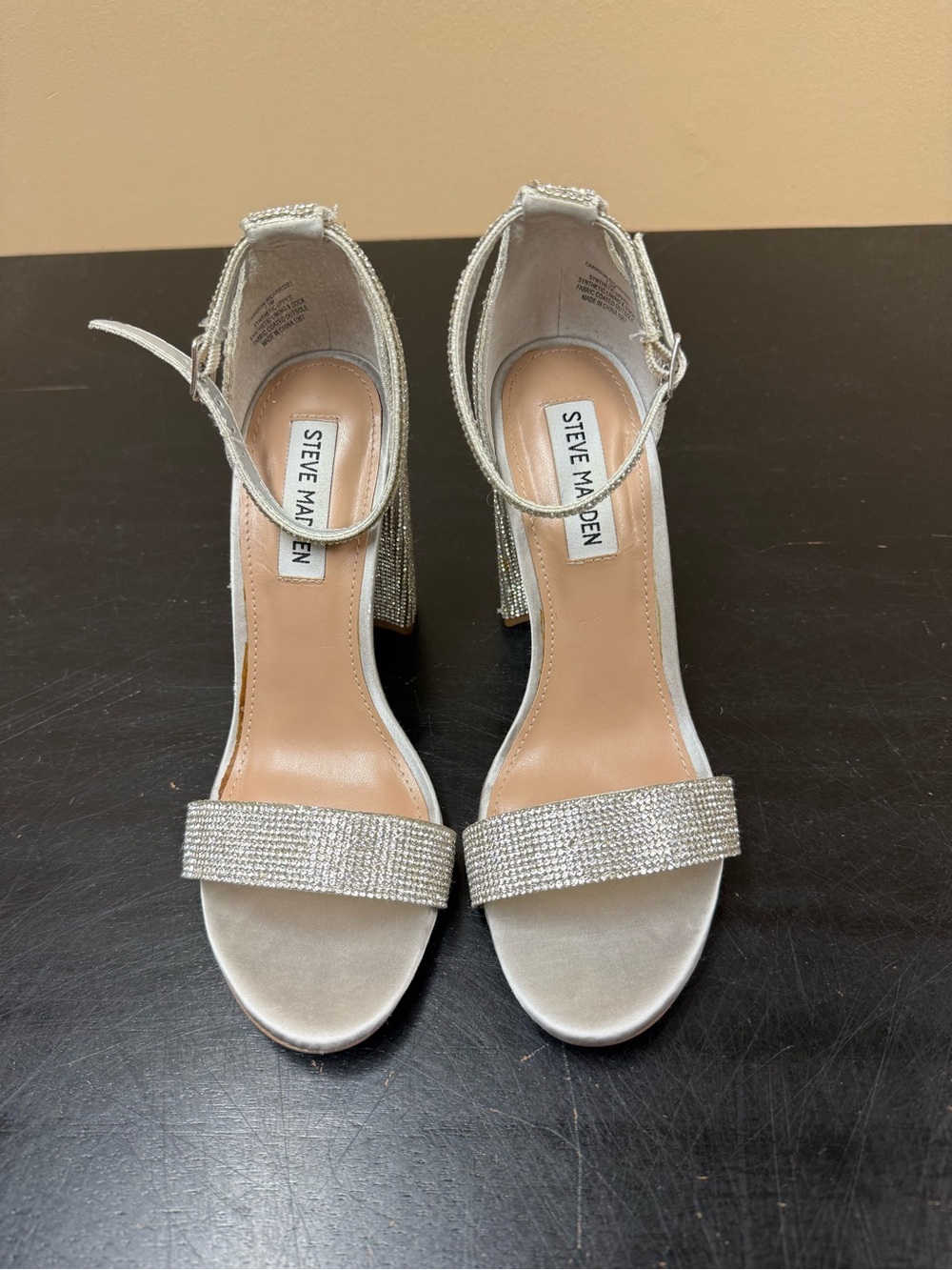 Steve Madden Silver Crystal Block Heel Sandals with Ankle Strap